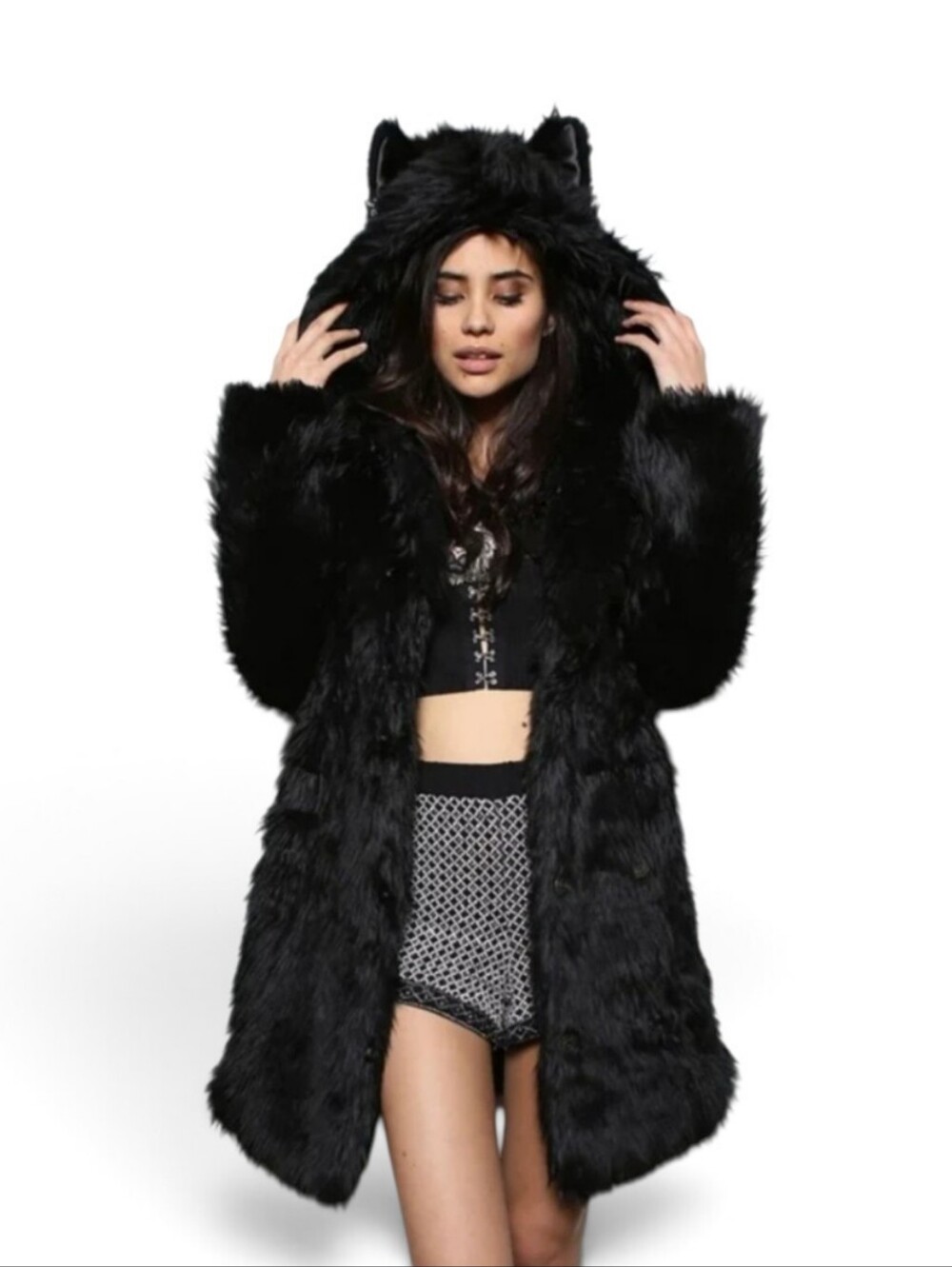 SpiritHoods Black Faux Fur Hooded Coat with Ears